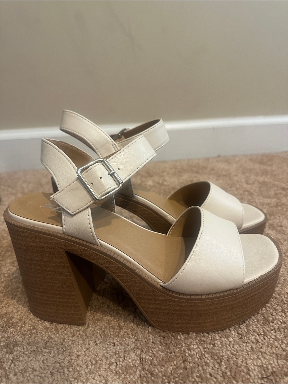 Soda Cream Platform Block Heel Sandals with Buckle Ankle Strap
